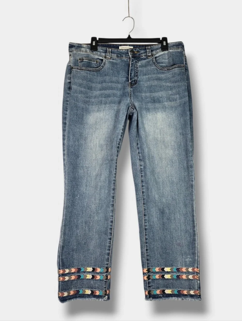 Coldwater Creek Straight Leg Blue Jean Stretch Denim Embroidery Cuff Size 10